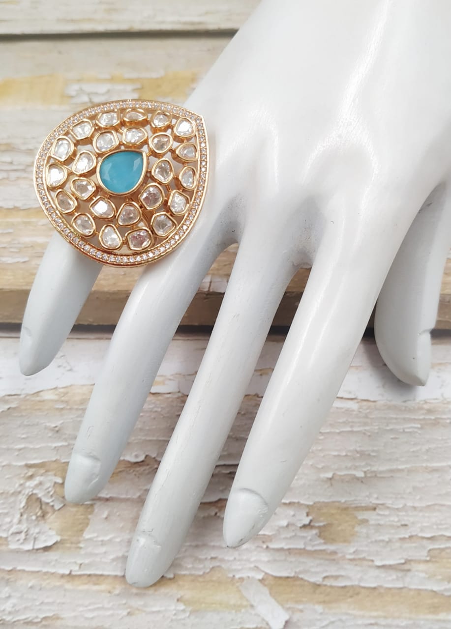 Uncut Kundan With Firozi Stone Cocktail Ring